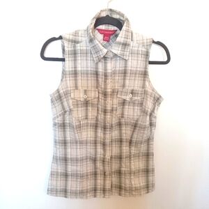 Vintage Bum Equipment Women's Cream Green Cotton Plaid Sleeveless Button Up Sm